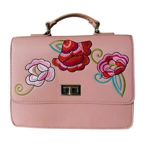 Carlos by Carlos Santana Pink Structured Handbag with Embroidered Floral Design